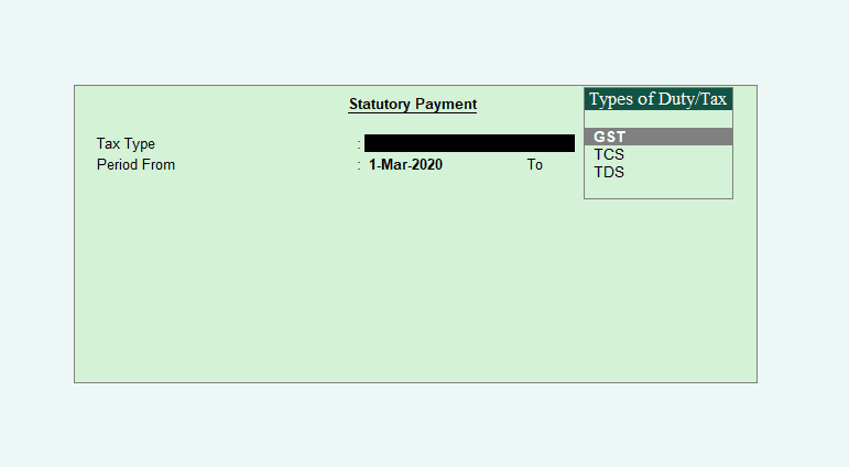 टैली में जीएसटी  Statutory Payment (वैधानिक भुगतान) पेज 