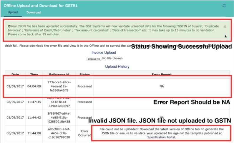 जीएसटी पोर्टल पर JSON फाइल सफलतापूर्वक अपलोड की गई 