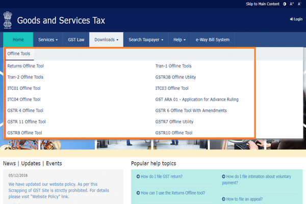 GST Login portal  Home page download menu 