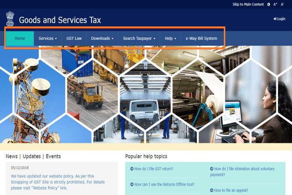 home page of gst login portal